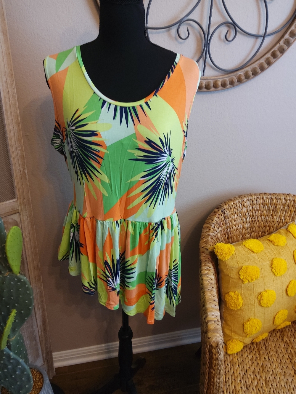 Kaari Blue Lime Green & Orange Floral Peplum Tank